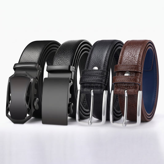ARIES Genuine Leather Belt Combo for Men (Pack of 4) | 2 Classic Pin Buckle & 2 Automatic Ratchet Belts | Premium Formal & Casual Leather Belts | Gift Set for Men