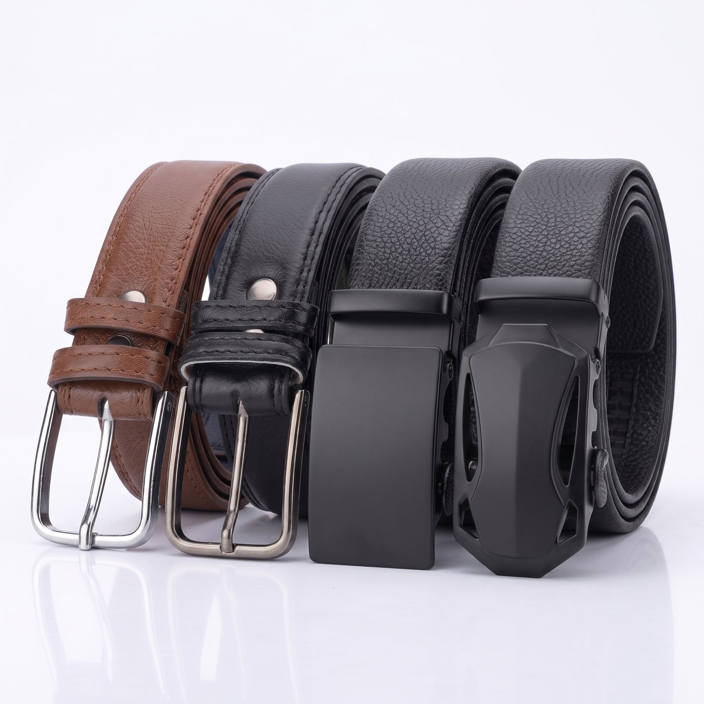 ARIES Genuine Leather Belt Combo for Men (Pack of 4) | 2 Classic Pin Buckle & 2 Automatic Ratchet Belts | Premium Formal & Casual Leather Belts | Gift Set for Men