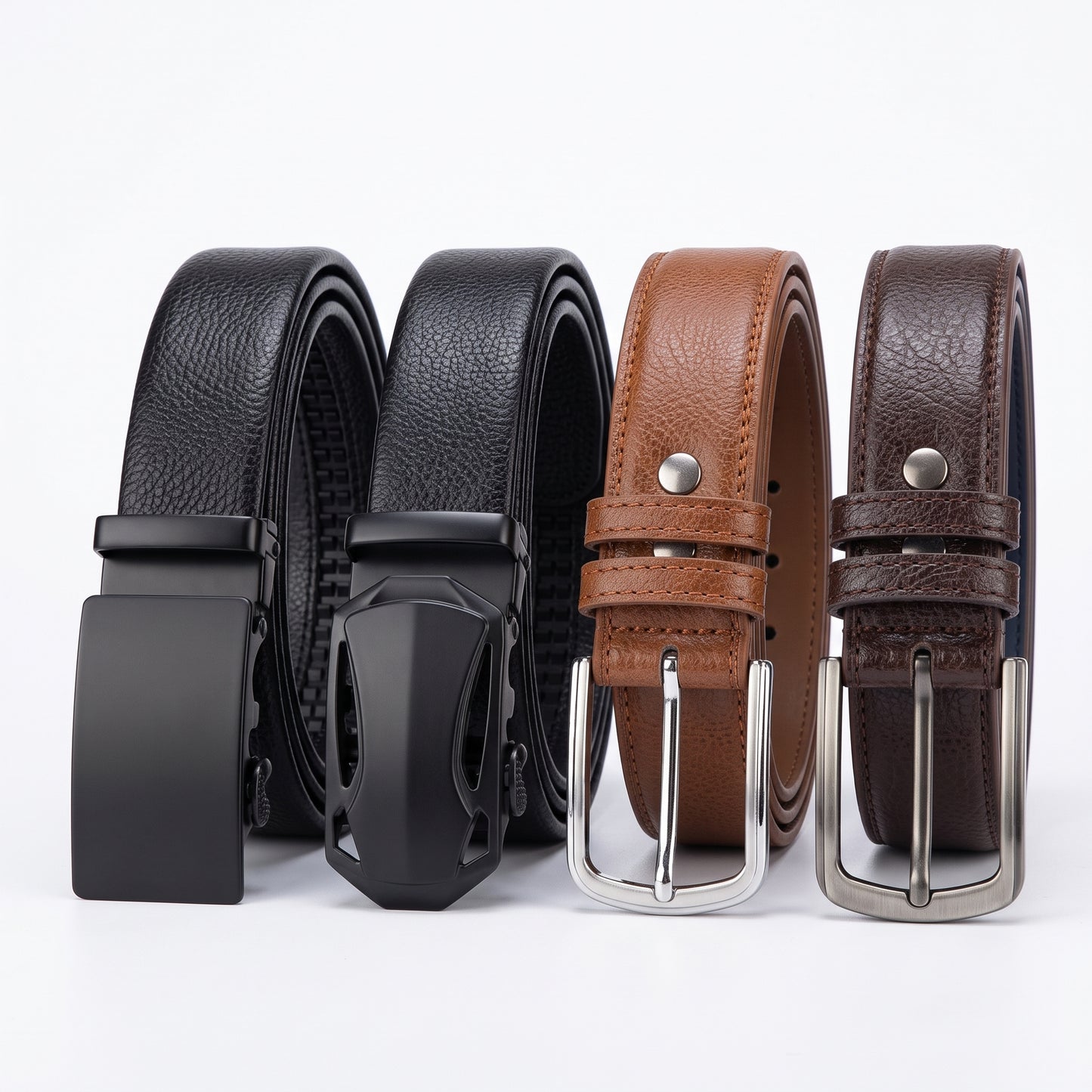 ARIES Genuine Leather Belt Combo for Men (Pack of 4) | 2 Classic Pin Buckle & 2 Automatic Ratchet Belts | Premium Formal & Casual Leather Belts | Gift Set for Men