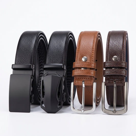 ARIES Genuine Leather Belt Combo for Men (Pack of 4) | 2 Classic Pin Buckle & 2 Automatic Ratchet Belts | Premium Formal & Casual Leather Belts | Gift Set for Men