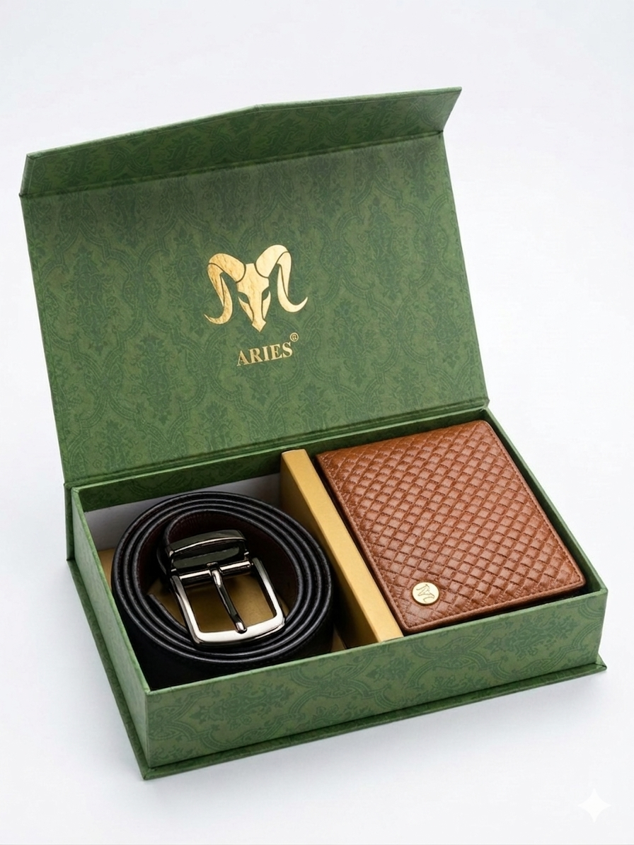 ARIES Check Pattern Wallet (Brown) with Belt
