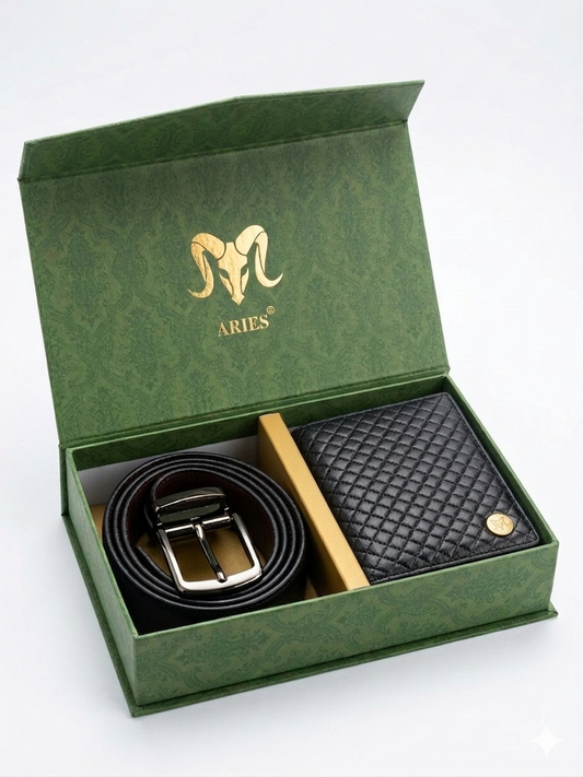 ARIES Check Pattern Wallet (Black) with Belt