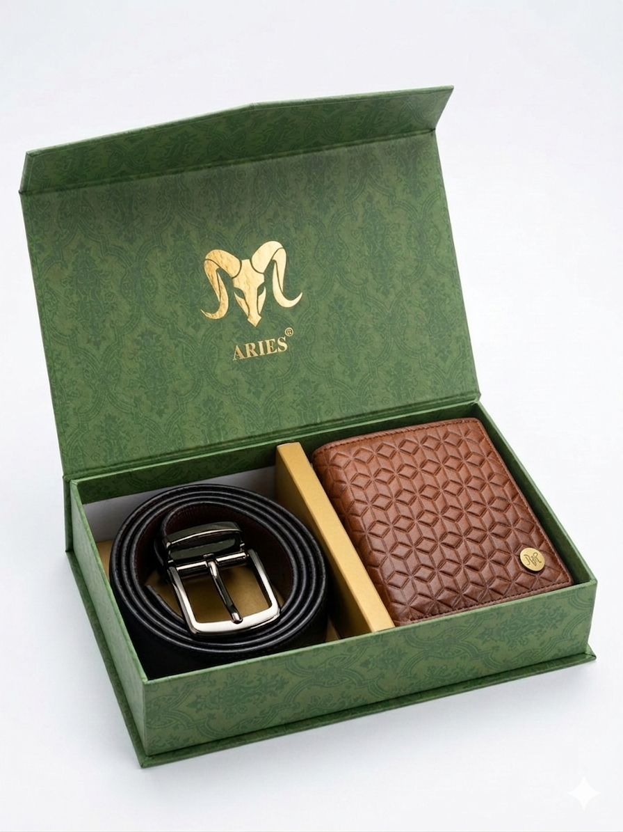 ARIES Box Pattern Wallet (Brown) with Belt