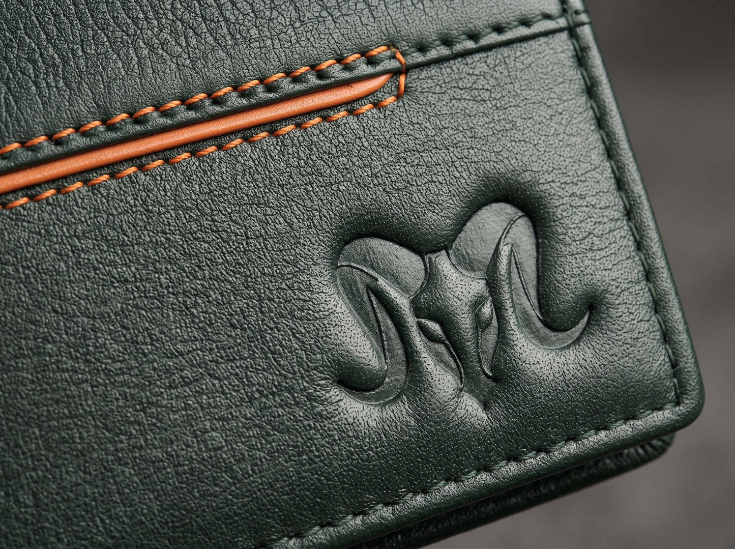 Aries Premium Olive Green Genuine Leather Bi-Fold Wallet with Orange Accent