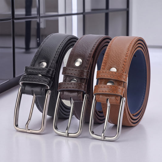 ARIES Genuine Leather Belt Combo for Men (Pack of 3) | Black, Dark Brown & Tan Leather Belts | Premium Formal & Casual Wear | Classic Pin Buckle Belts
