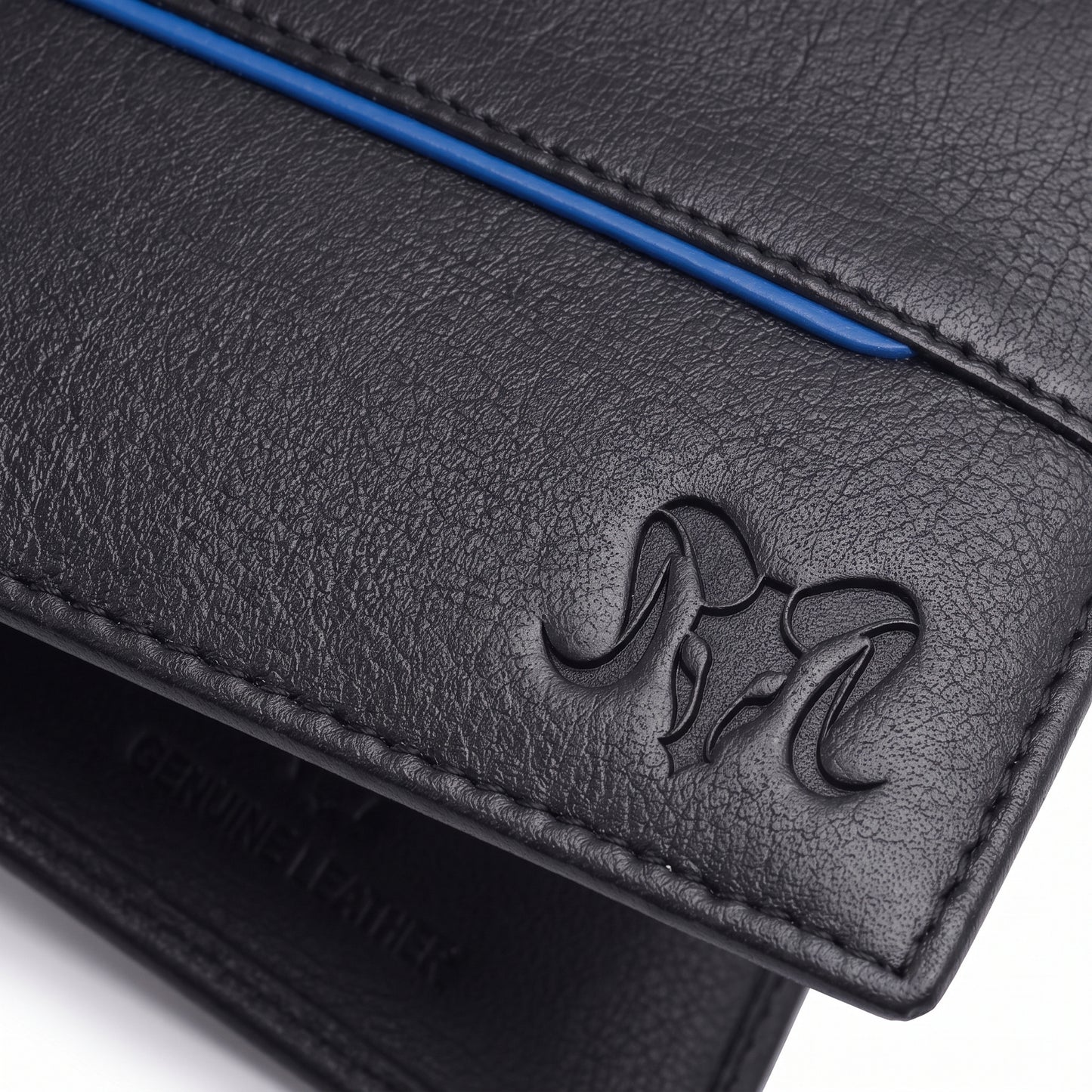 Aries Premium Black Genuine Leather Bi-Fold Wallet with Blue Accent