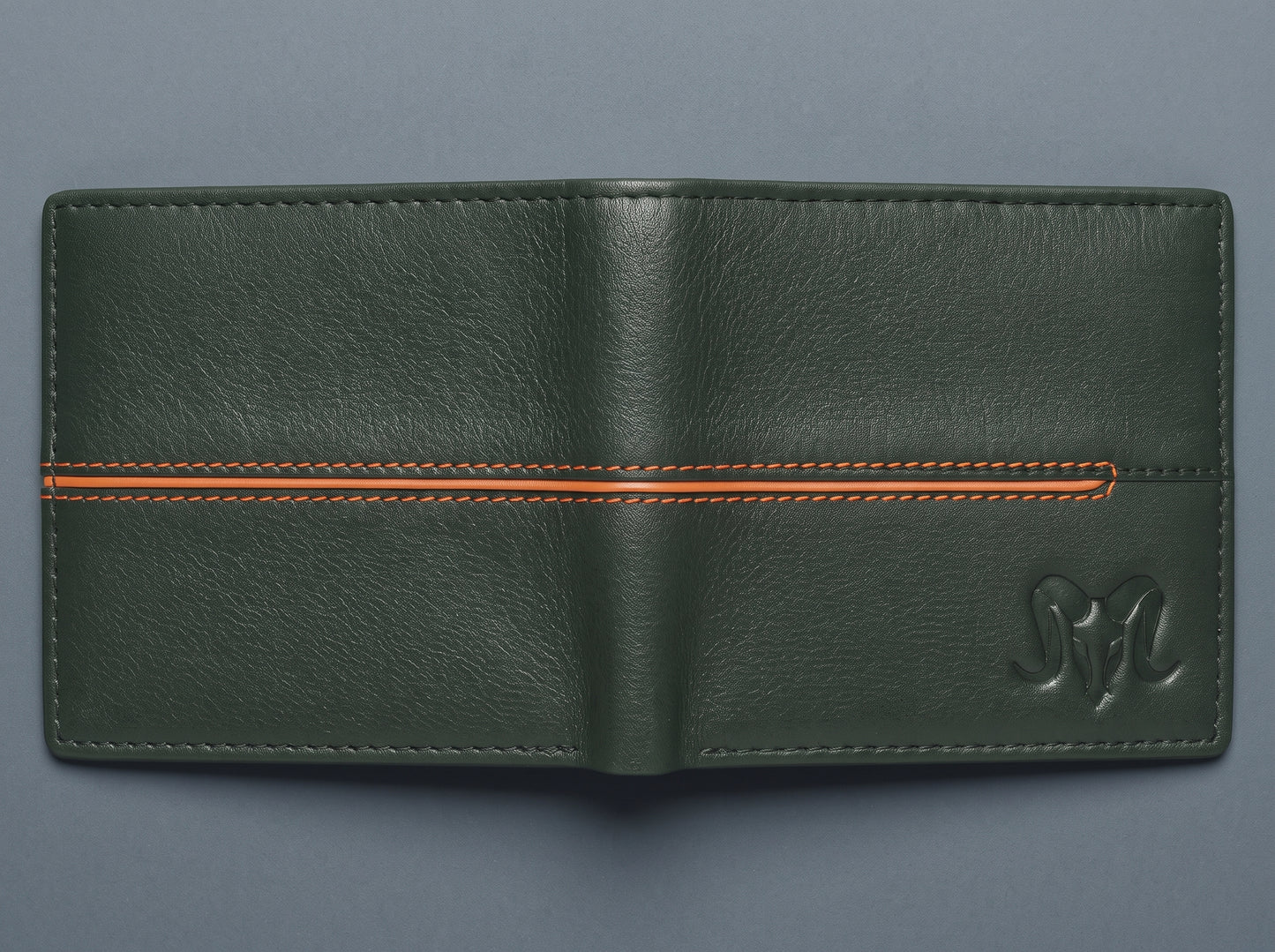 Aries Premium Olive Green Genuine Leather Bi-Fold Wallet with Orange Accent