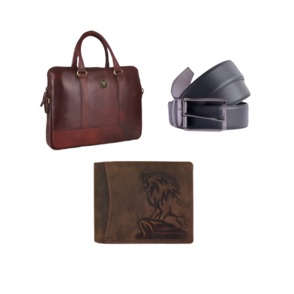 Lion Edition Leather Combo – Wallet, Belt & 14" Laptop Bag