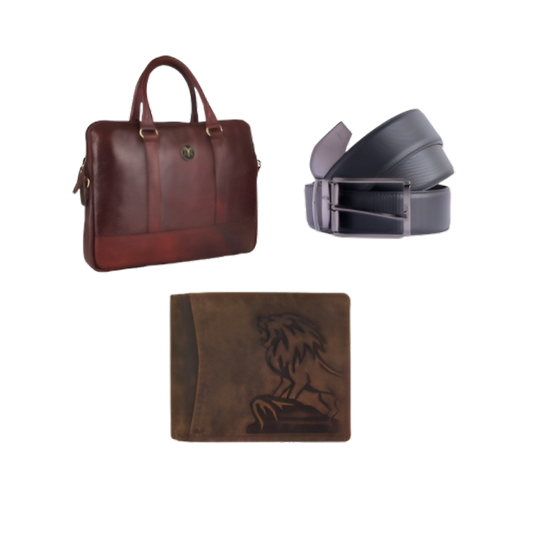 Lion Edition Leather Combo – Wallet, Belt & 14" Laptop Bag