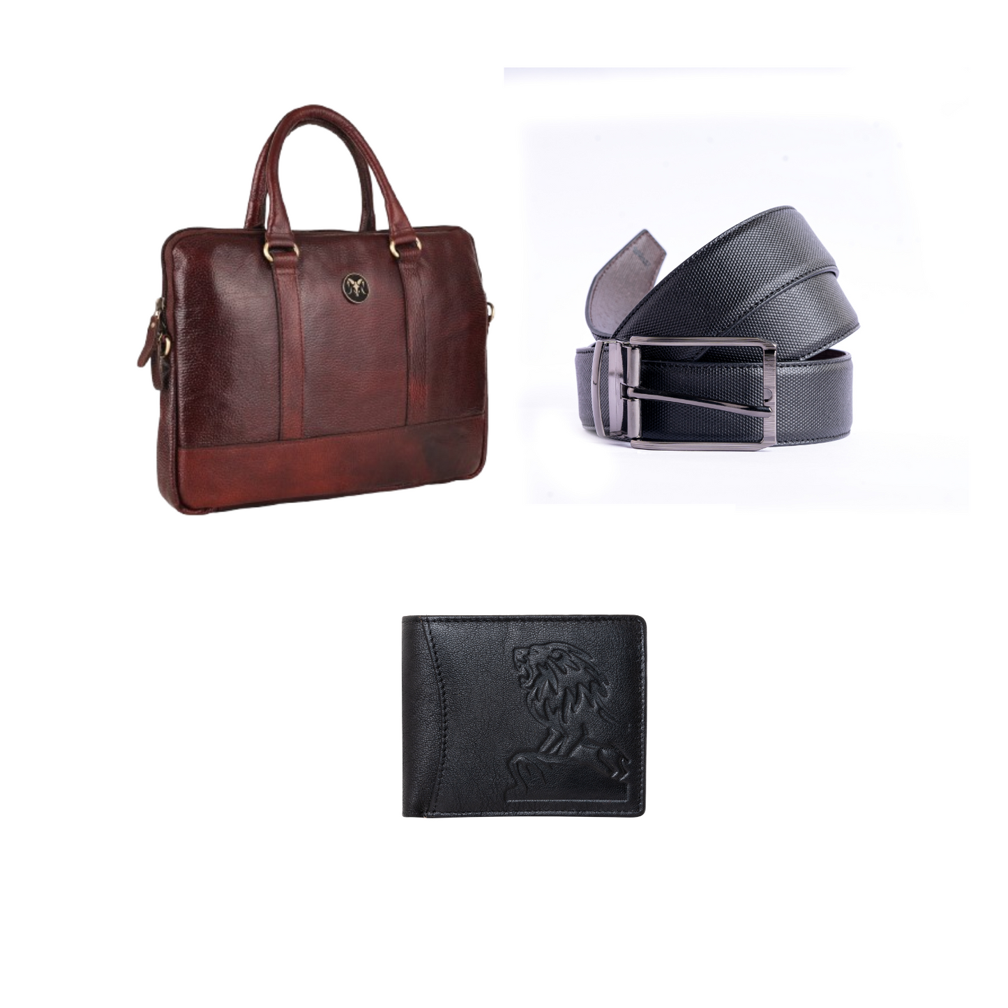 Lion Edition (Black) Leather Combo – Wallet, Belt & 14" Laptop Bag