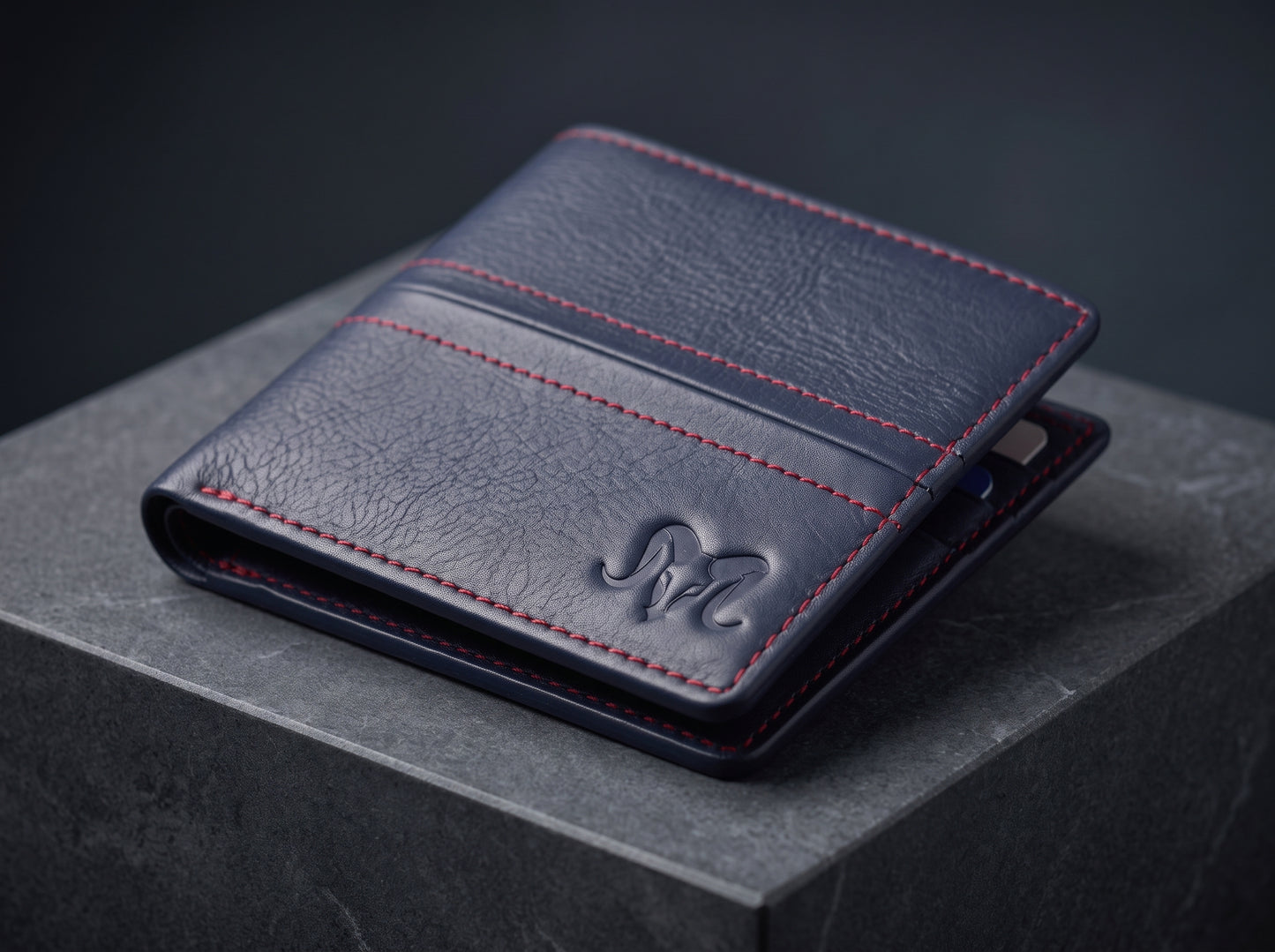Aries Premium Navy Blue Genuine Leather Bi-Fold Wallet with Red Contrast Stitching