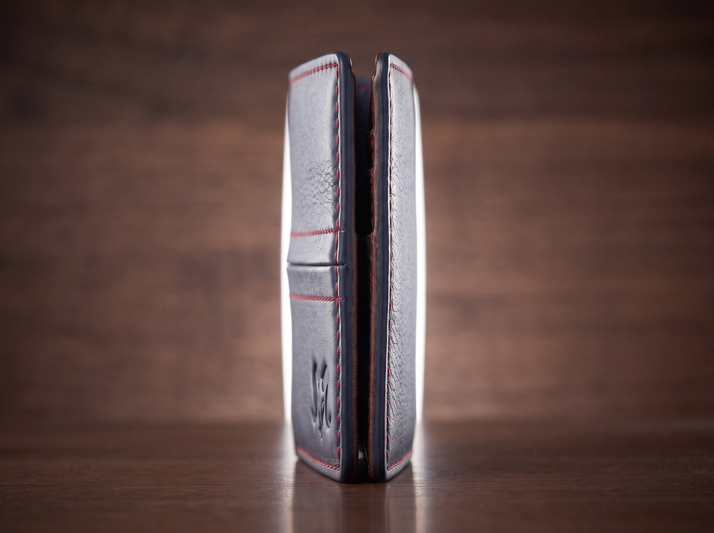 Aries Premium Navy Blue Genuine Leather Bi-Fold Wallet with Red Contrast Stitching