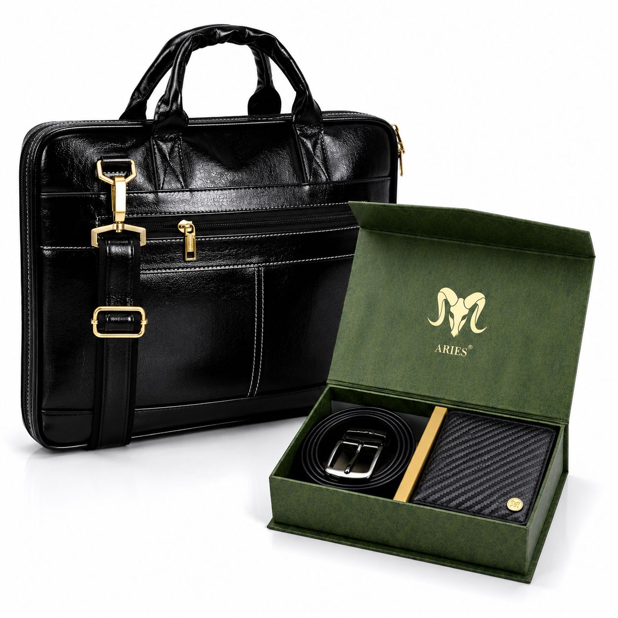 Dizzy Edition Leather Combo(Black) – Wallet, Belt & 16" Laptop Bag