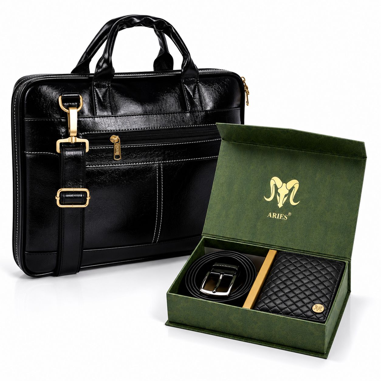 Check Edition Leather Combo(Black) – Wallet, Belt & 16" Laptop Bag