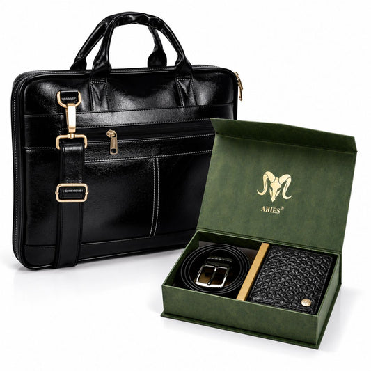 Box Edition Leather Combo(Black) – Wallet, Belt & 16" Laptop Bag