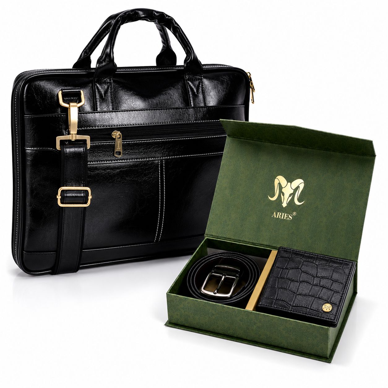 Panther Edition Leather Combo(Black) – Wallet, Belt & 16" Laptop Bag