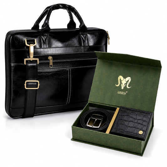 Panther Edition Leather Combo(Black) – Wallet, Belt & 16" Laptop Bag