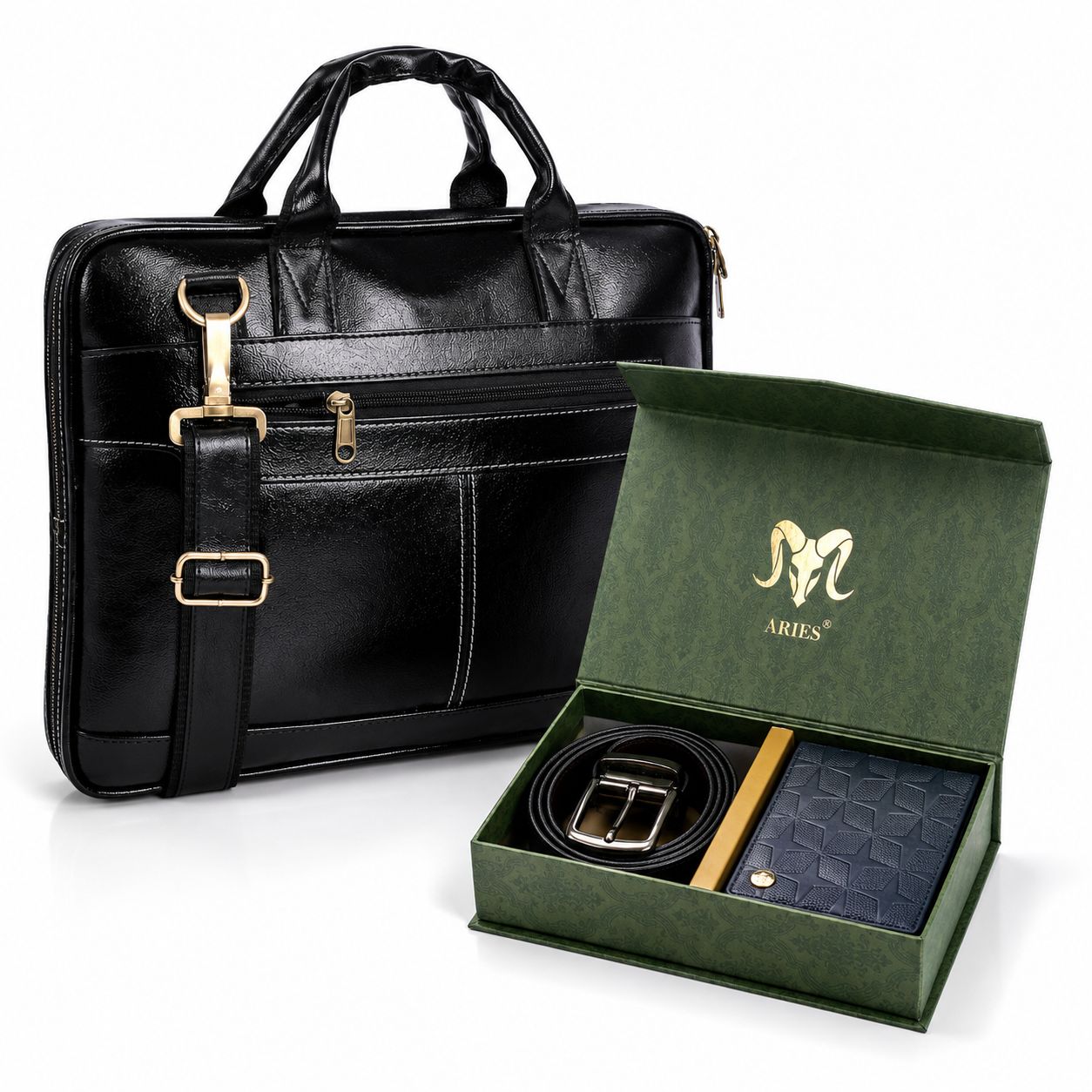 Star Edition Leather Combo(Black) – Wallet, Belt & 16" Laptop Bag