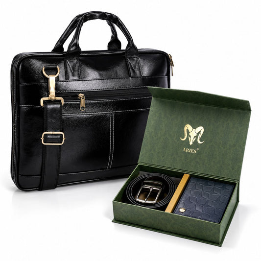 Star Edition Leather Combo(Black) – Wallet, Belt & 16" Laptop Bag