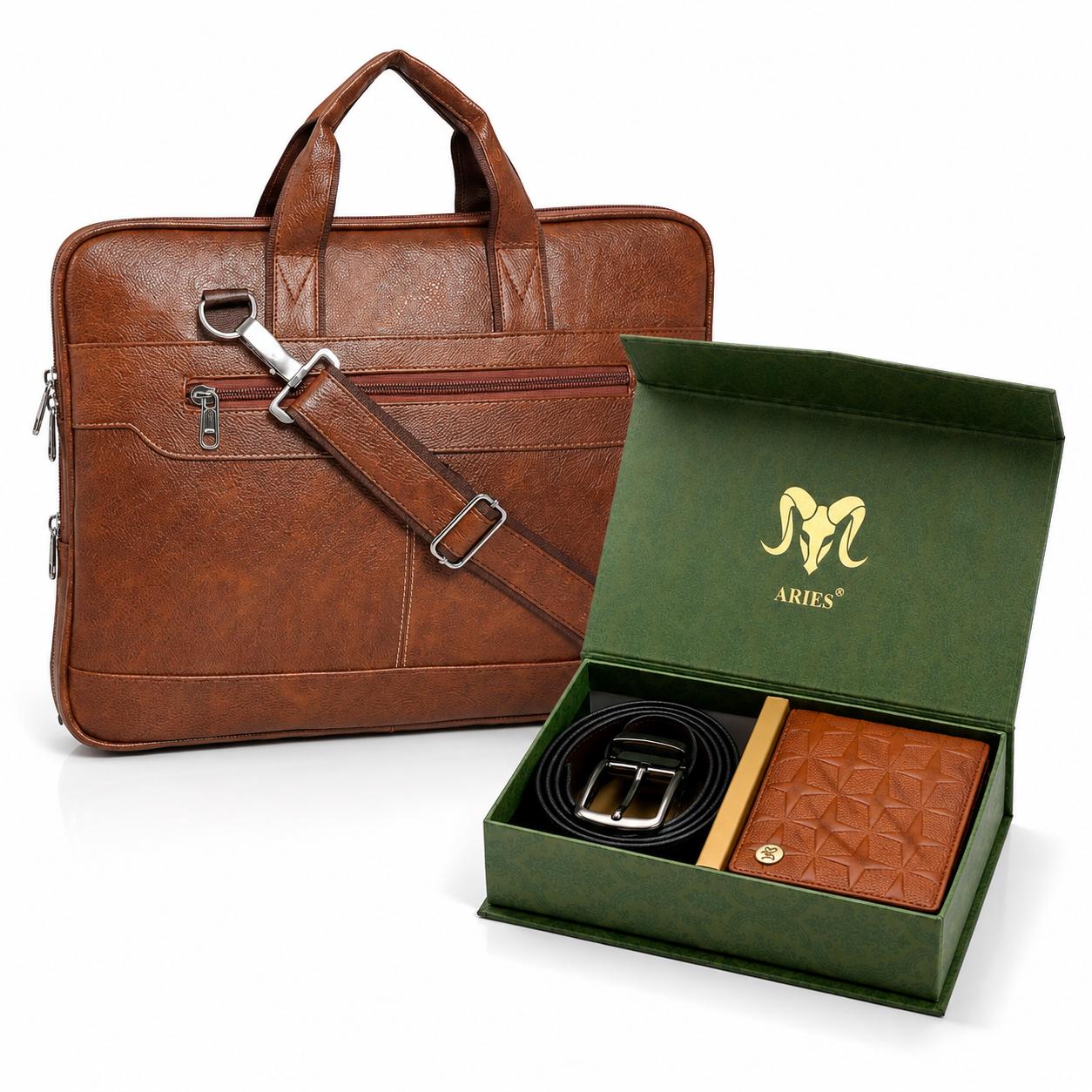 Star Edition Leather Combo(Brown) – Wallet, Belt & 16" Laptop Bag