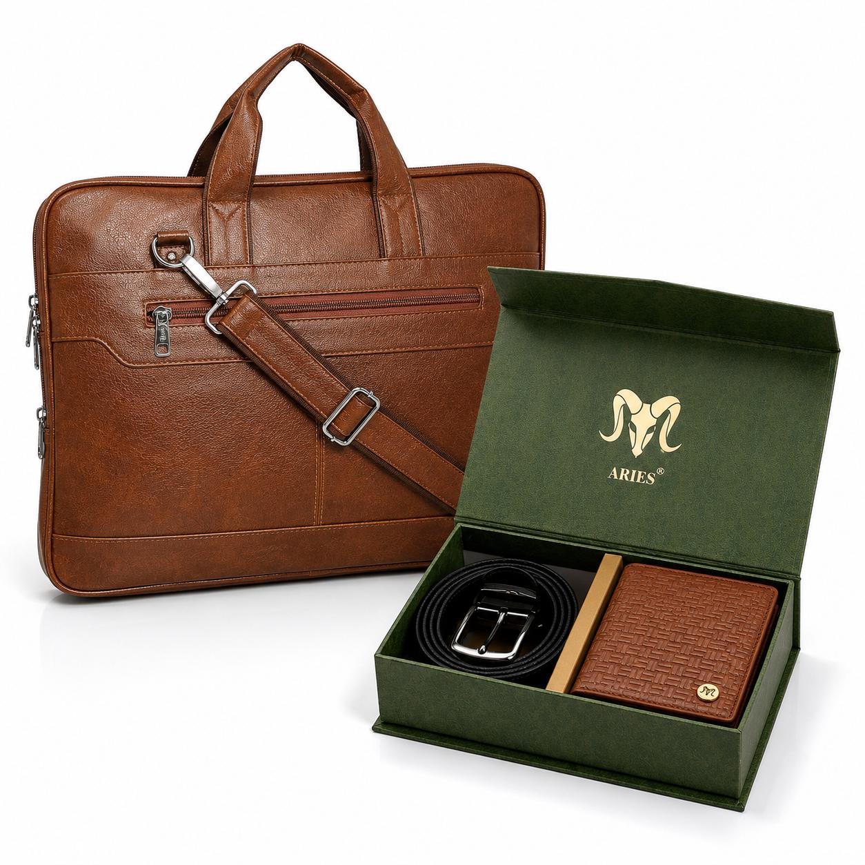 Plus Edition Leather Combo(Brown) – Wallet, Belt & 16" Laptop Bag