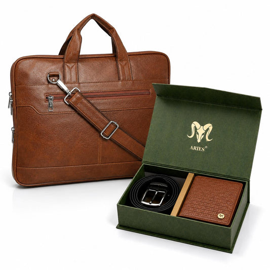 Plus Edition Leather Combo(Brown) – Wallet, Belt & 16" Laptop Bag