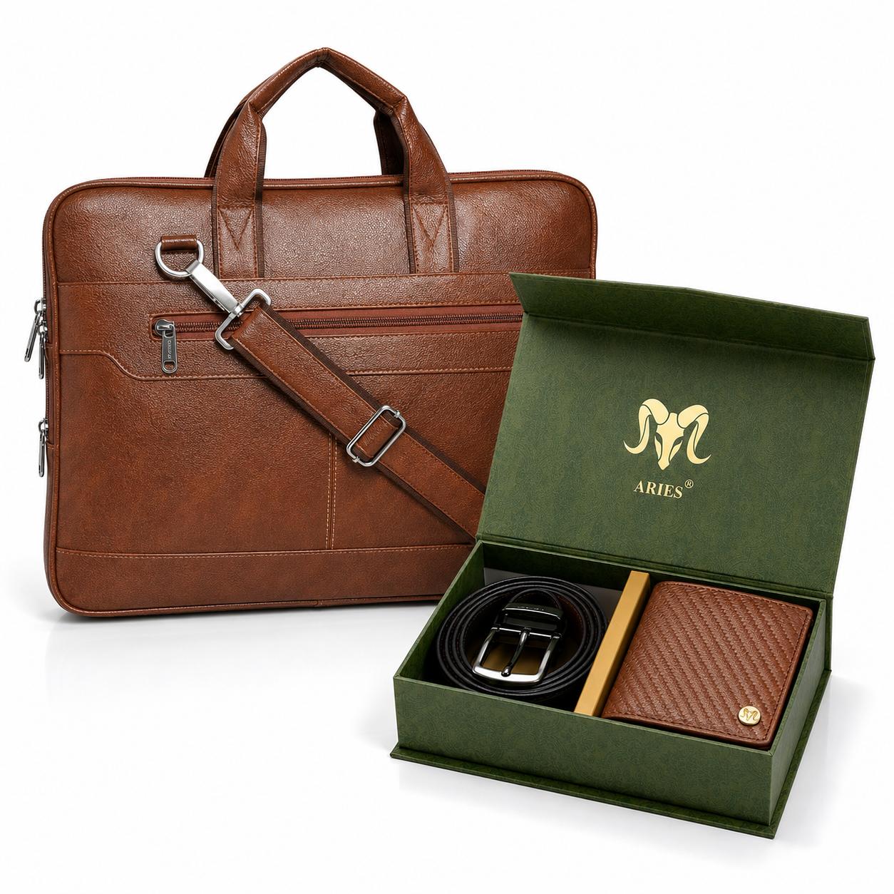 Dizzy Edition Leather Combo(Brown) – Wallet, Belt & 16" Laptop Bag