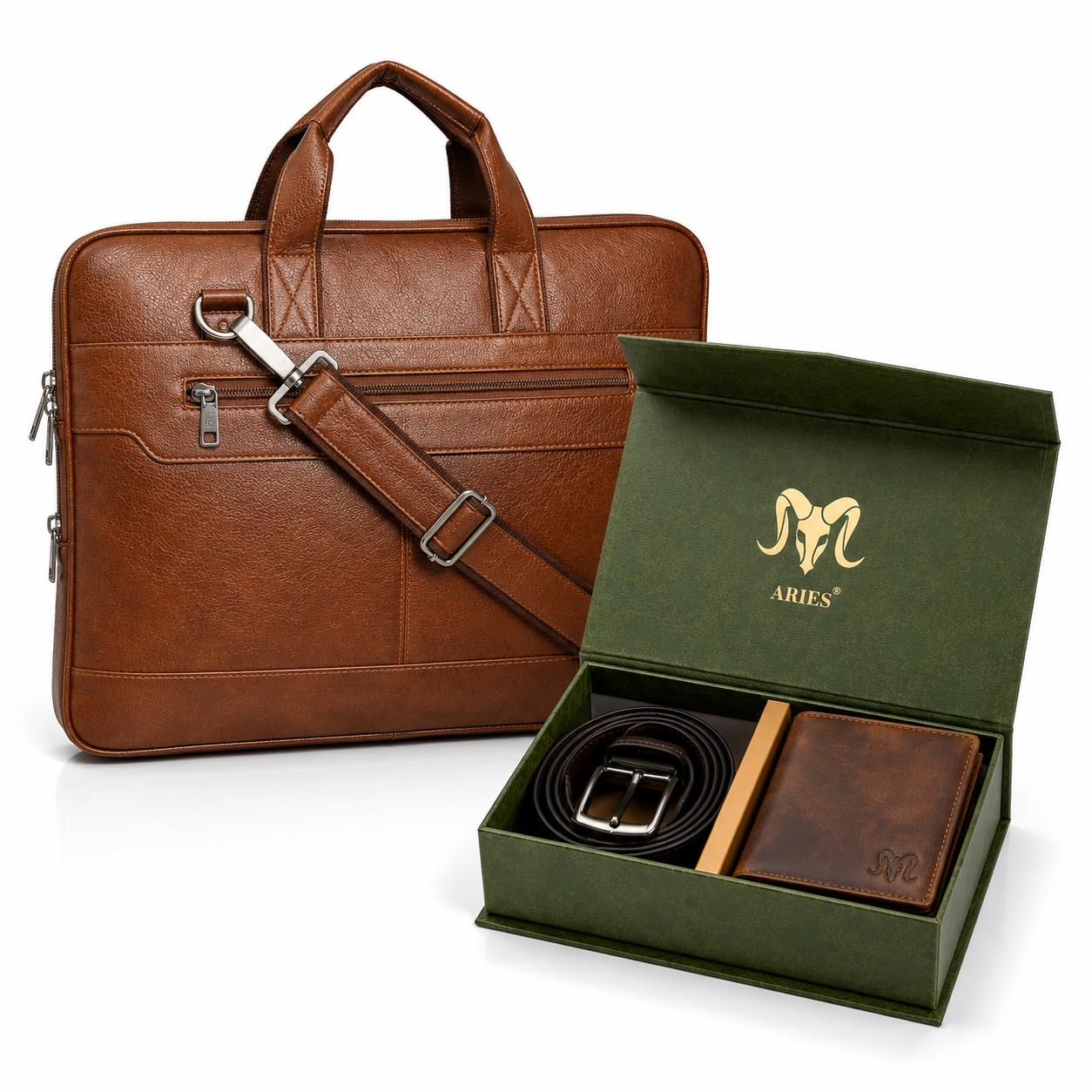Crunch Edition Leather Combo(Brown) – Wallet, Belt & 16" Laptop Bag