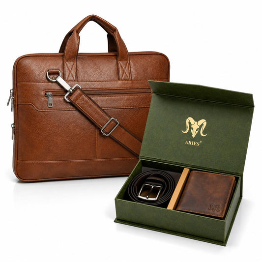 Crunch Edition Leather Combo(Brown) – Wallet, Belt & 16" Laptop Bag
