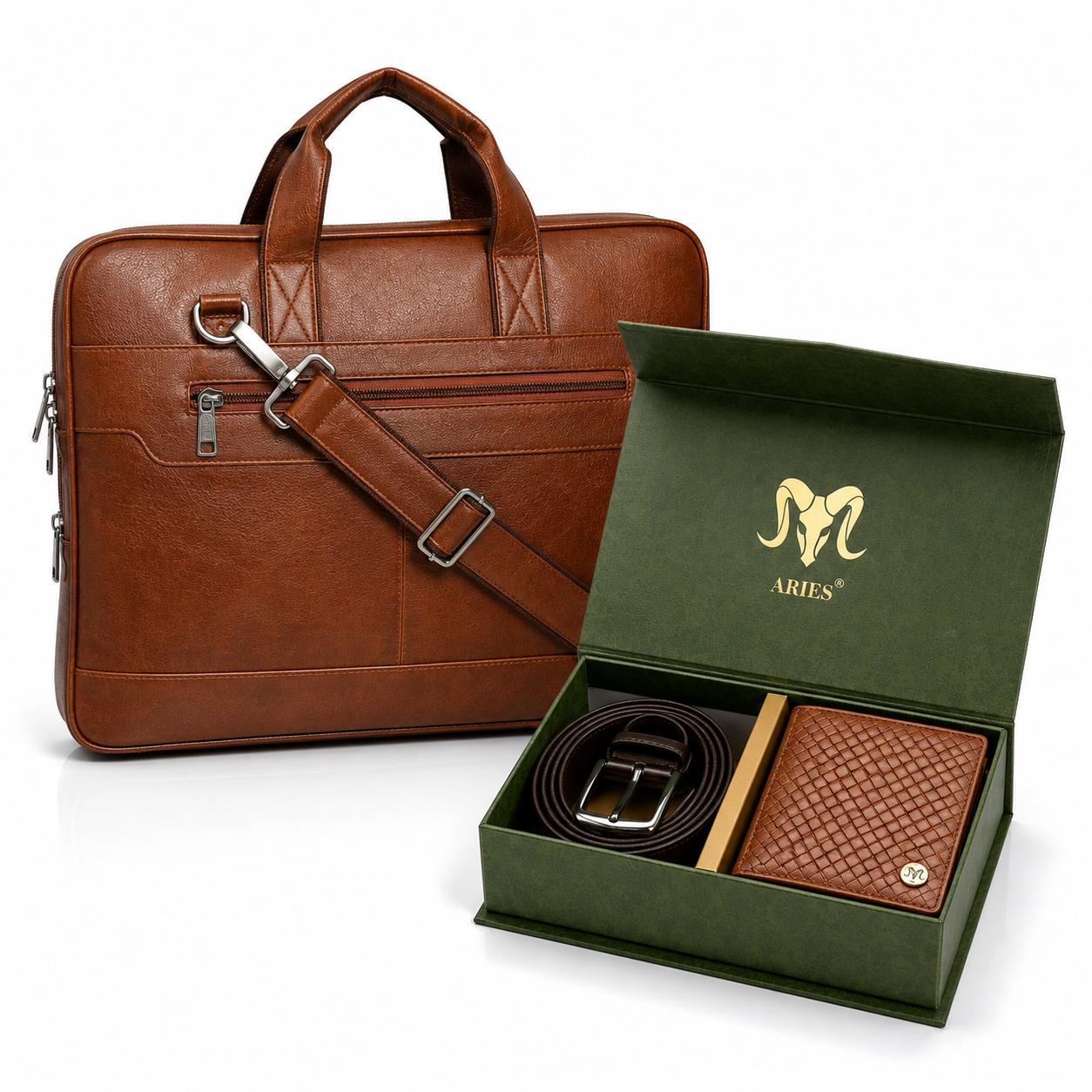 Check Edition Leather Combo(Brown) – Wallet, Belt & 16" Laptop Bag