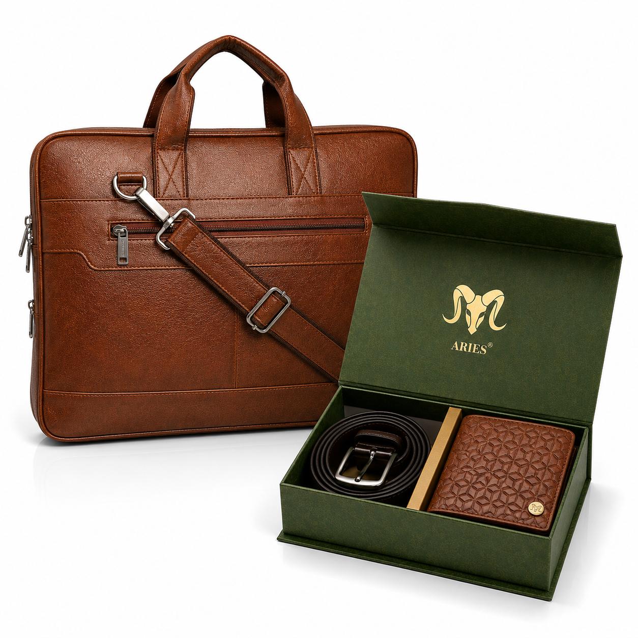 Box Edition Leather Combo(Brown) – Wallet, Belt & 16" Laptop Bag