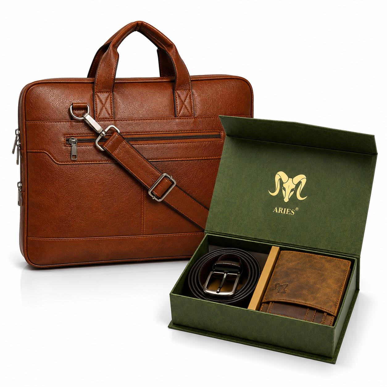Hunter Edition Leather Combo(Tan) – Wallet, Belt & 16" Laptop Bag