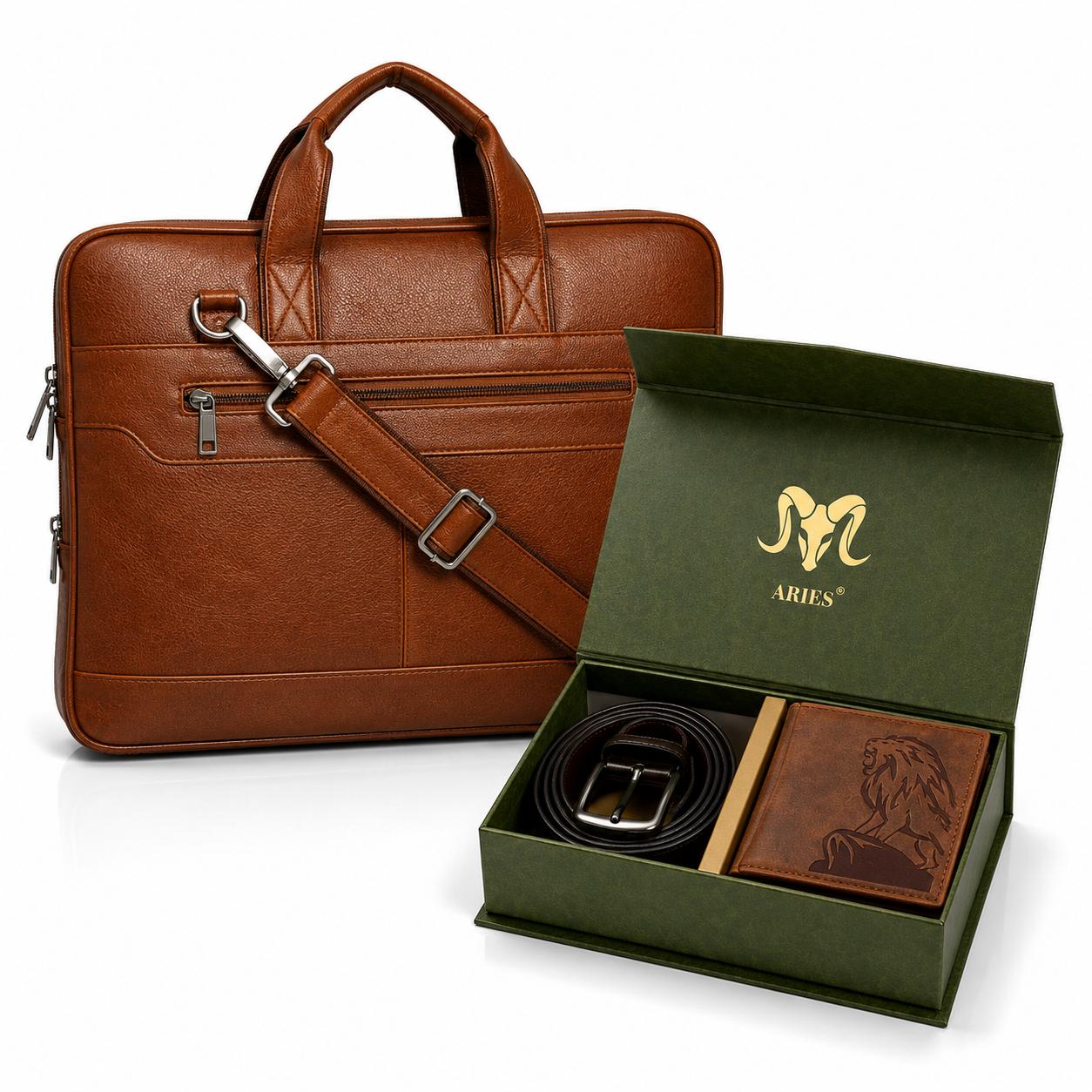 Lion Edition Leather Combo – Wallet, Belt & 16" Laptop Bag