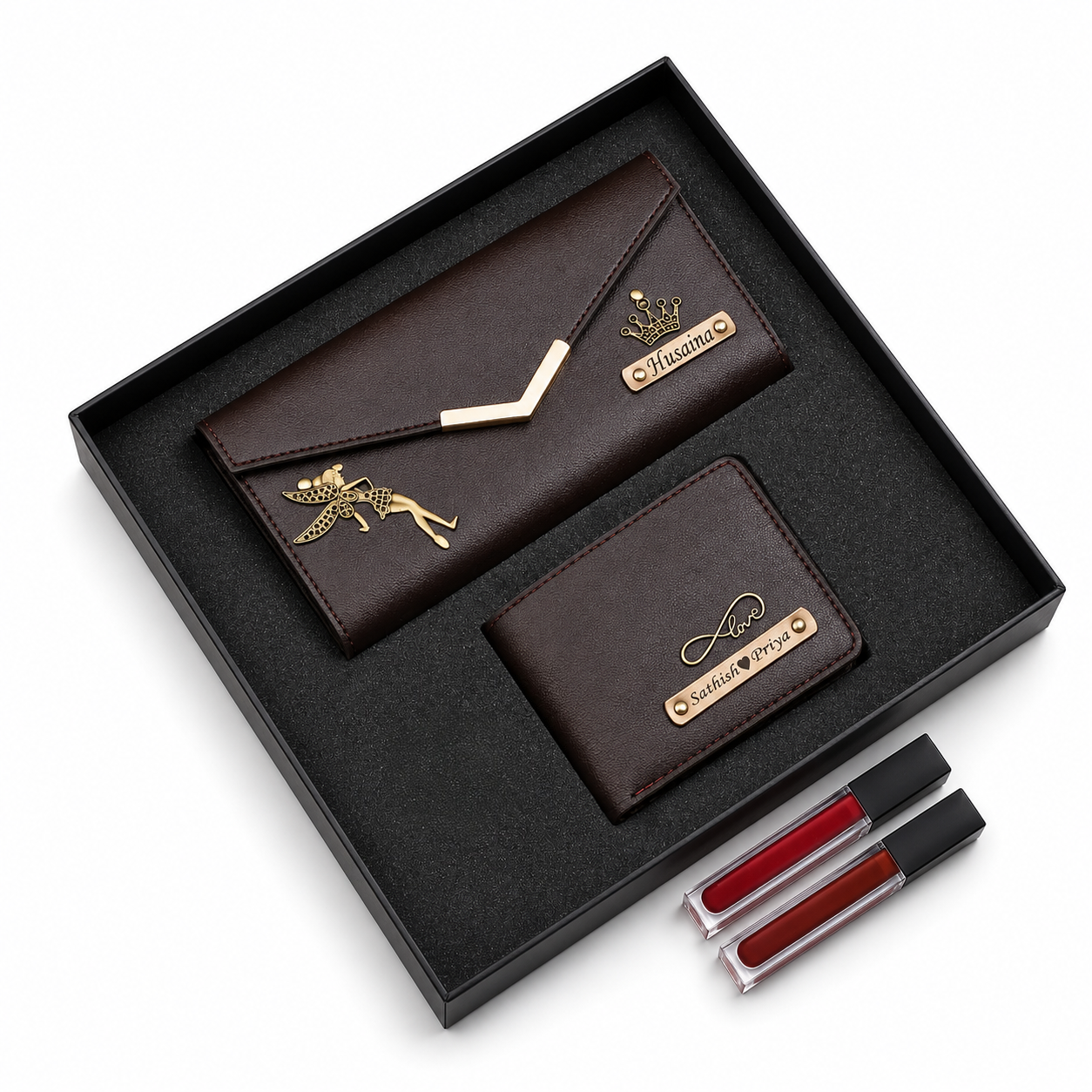 ARIES Couple's Leather Gift Set(Brown)- Leather Men's Wallet & Female's Clutch Combo For Couple