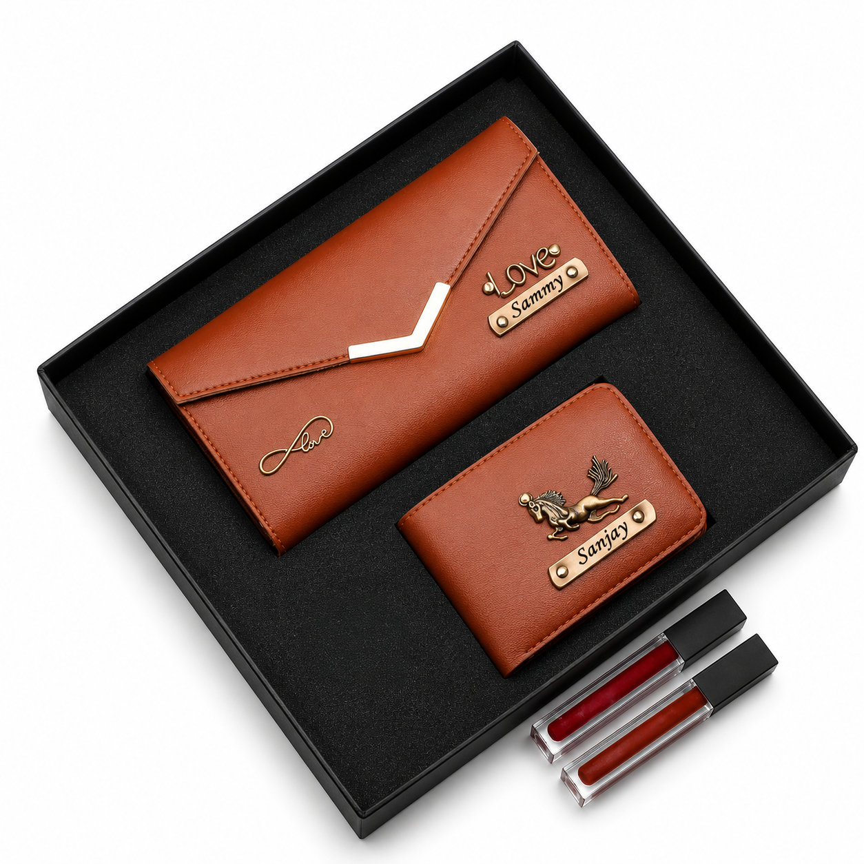 ARIES Couple's Leather Gift Set(Tan)- Leather Men's Wallet & Female's Clutch Combo For Couple