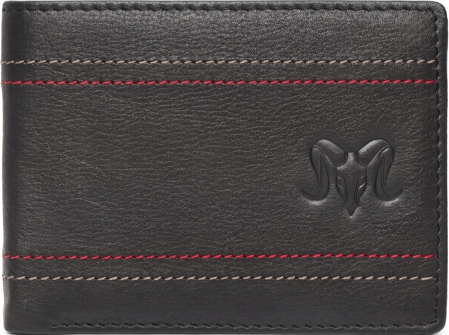 Aries Premium Black Genuine Leather Bi-Fold Wallet with Red Contrast Stitching