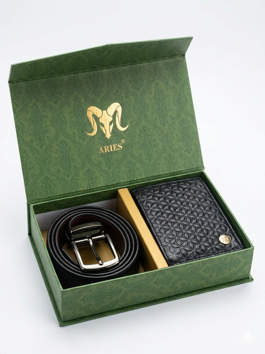 ARIES Box Pattern Wallet (Black) with Belt