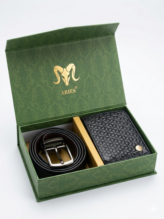 ARIES Box Pattern Wallet (Black) with Belt