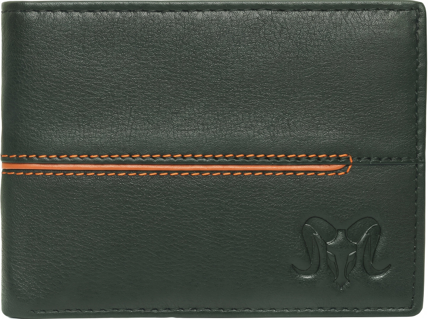 Aries Premium Olive Green Genuine Leather Bi-Fold Wallet with Orange Accent